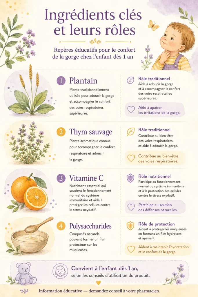 Infographie des ingrédients clés de Plantain Sirop : plantain, thym sauvage, vitamine C et polysaccharides.
