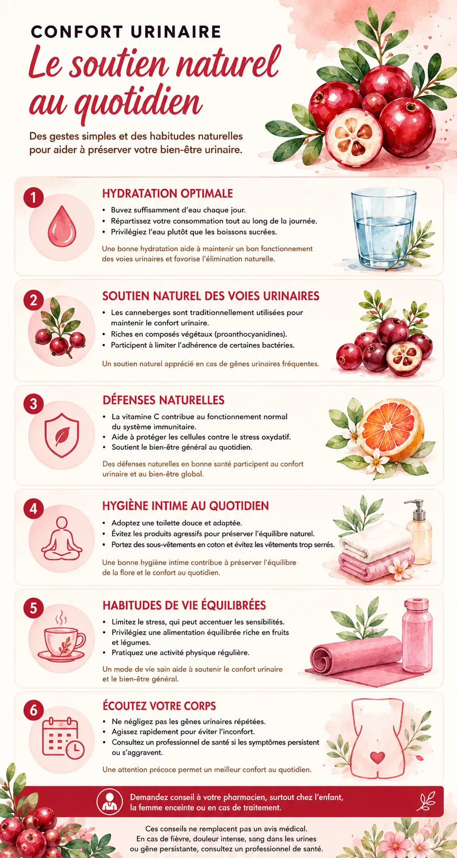 UROSEPT Sirop – Confort Urinaire Canneberge Infographie confort urinaire avec conseils d’hydratation, canneberge, vitamine C, hygiène intime et habitudes de vie équilibrées.