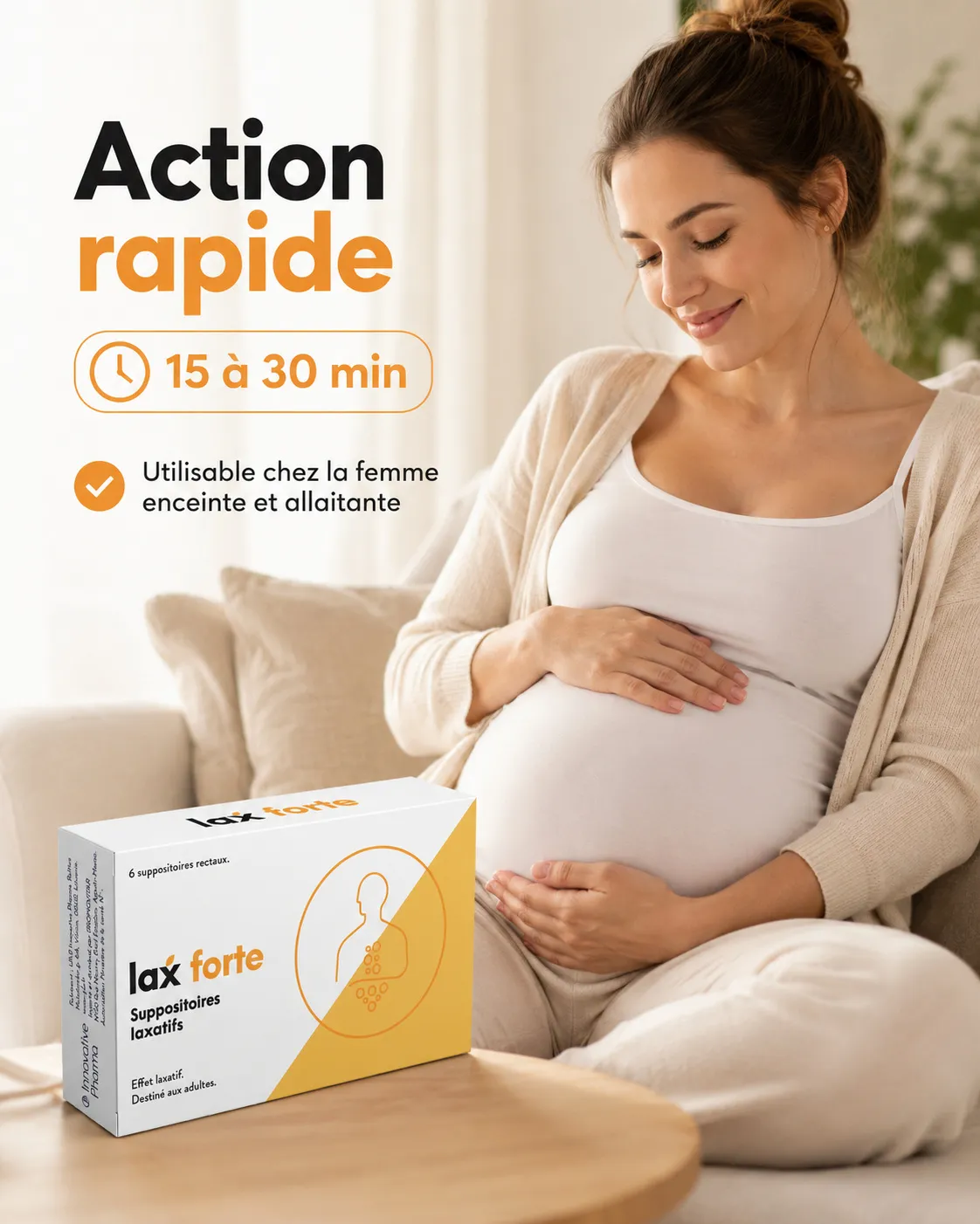 LAXFORTE SUPPOSITOIRES effervescents constipation LaxForte suppositoires avec message d’action rapide, utilisable chez la femme enceinte et allaitante.