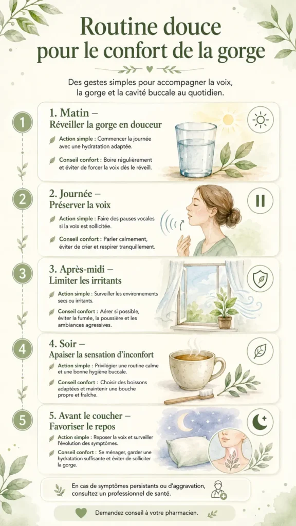 Routine douce pour le confort de la gorge avec hydratation, repos vocal et gestes quotidiens