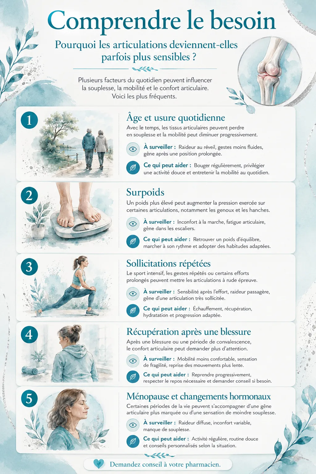 ARTRO Comprimés pour les articulations Infographie éducative expliquant les facteurs pouvant influencer la sensibilité articulaire : âge, surpoids, sollicitations répétées, récupération après blessure et ménopause.