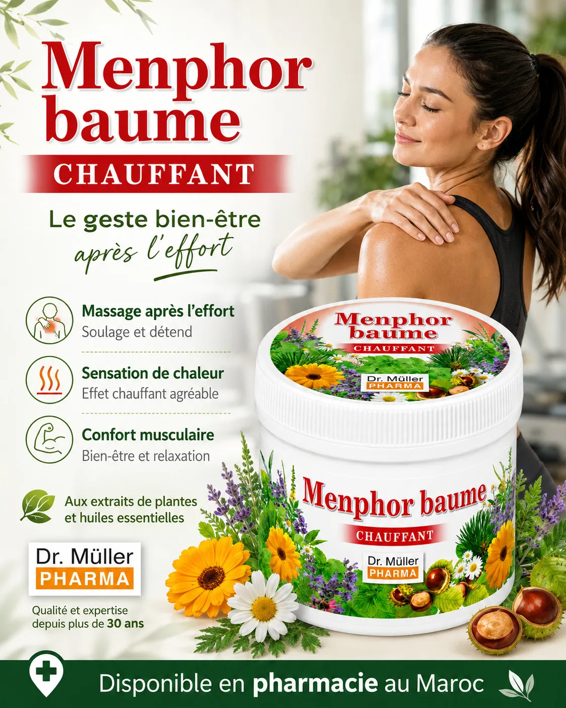 Menphor Chauffant Baume Menphor baume chauffant, geste bien-être après l’effort pour massage, sensation de chaleur et confort musculaire, disponible en pharmacie au Maroc.