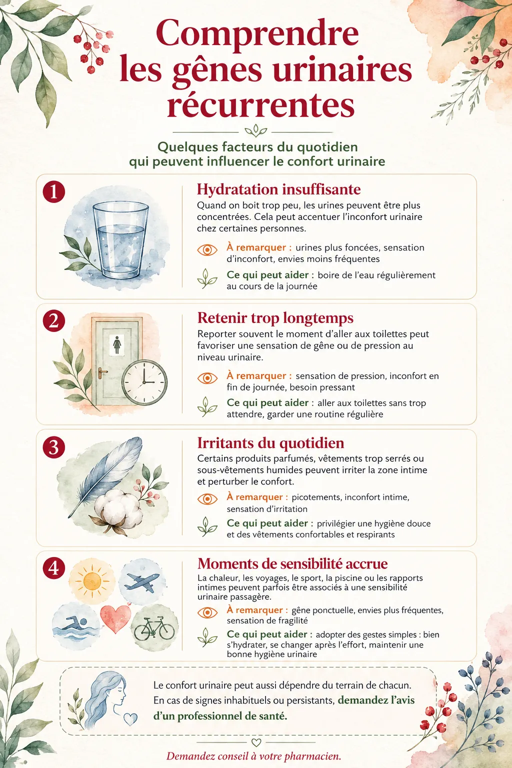 UROSEPT COMPRIMES Confort Urinaire Canneberge Infographie sur les gênes urinaires récurrentes, avec conseils d’hydratation, hygiène douce et gestes simples pour le confort urinaire.