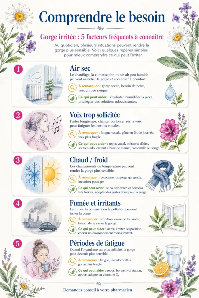 Facteurs fréquents de gorge irritée : air sec, voix sollicitée, chaud froid, fumée et fatigue.