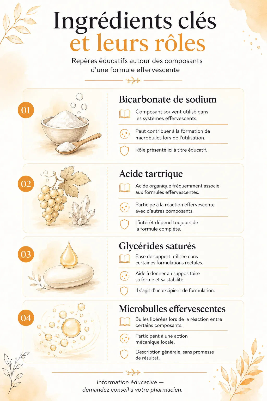 LAXFORTE SUPPOSITOIRES effervescents constipation Infographie des ingrédients clés LaxForte : bicarbonate de sodium, acide tartrique et glycérides saturés.