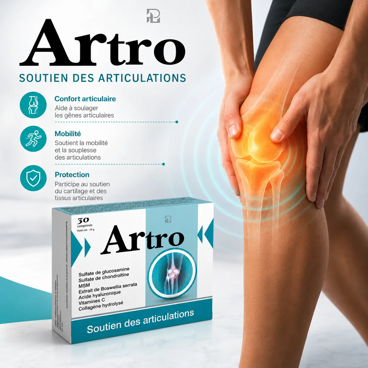 ARTRO Comprimés pour les articulations Visuel ARTRO soutien des articulations avec illustration du genou, mettant en avant le confort articulaire, la mobilité et le soutien du cartilage.