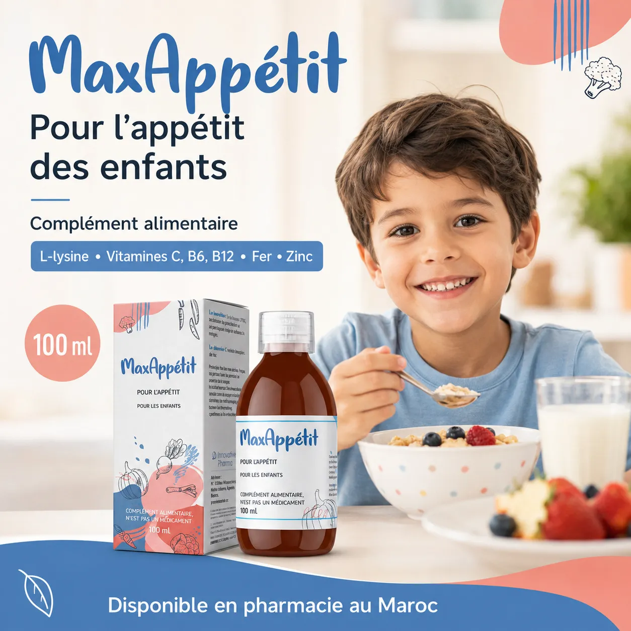 MaxAppétit – sirop manque d'appétit enfant MaxAppétit pour l’appétit des enfants, complément alimentaire avec L-lysine, vitamines, fer et zinc, 100 ml.