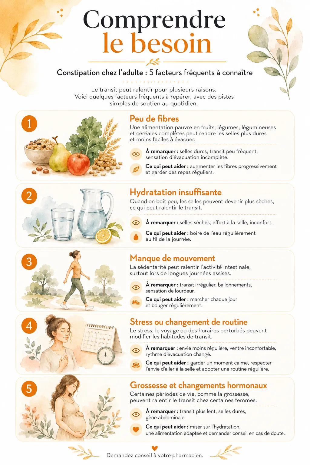 LAXFORTE SUPPOSITOIRES effervescents constipation Infographie sur les causes fréquentes de constipation chez l’adulte : fibres, hydratation, mouvement, stress et grossesse.