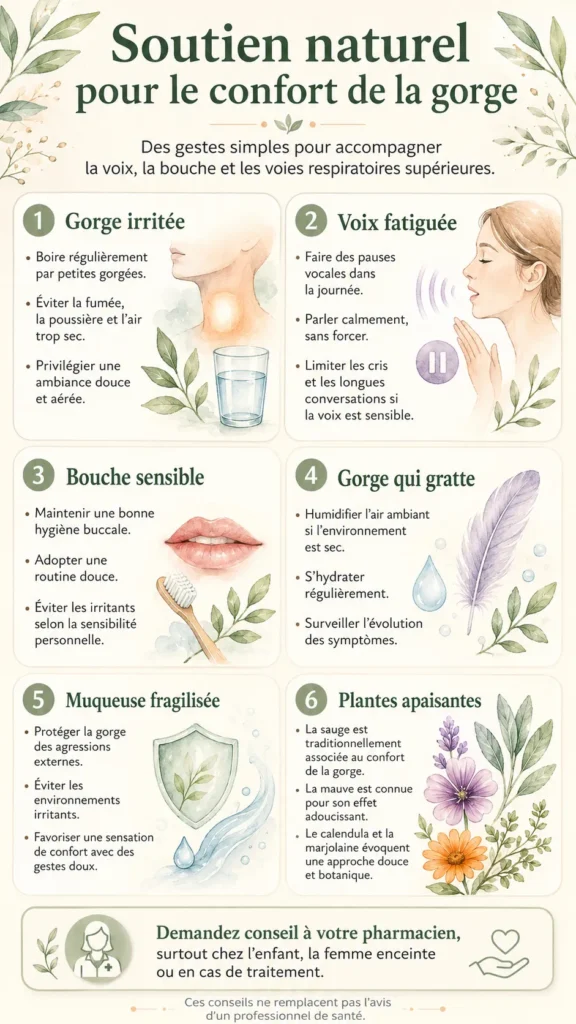 Conseils naturels pour le confort de la gorge, voix fatiguée, bouche sensible et plantes apaisantes