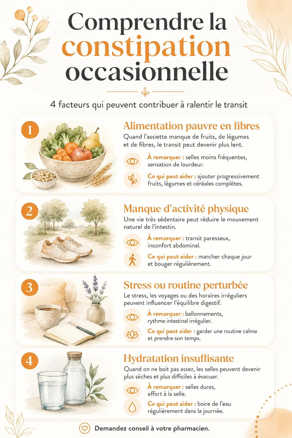 LAXFORTE Comprimés - laxatif naturel Infographie éducative sur la constipation occasionnelle, présentant les facteurs pouvant ralentir le transit : manque de fibres, sédentarité, stress et hydratation insuffisante.