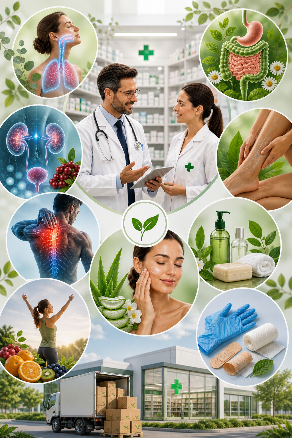 Illustration verticale d’un univers santé et bien-être avec deux pharmaciens au centre d’une pharmacie moderne, entourés de vignettes circulaires représentant la respiration, la digestion, le confort urinaire, la circulation, les articulations, les soins de la peau, l’hygiène, les vitamines, les pansements et les gants médicaux, avec une scène de distribution pharmaceutique en bas.